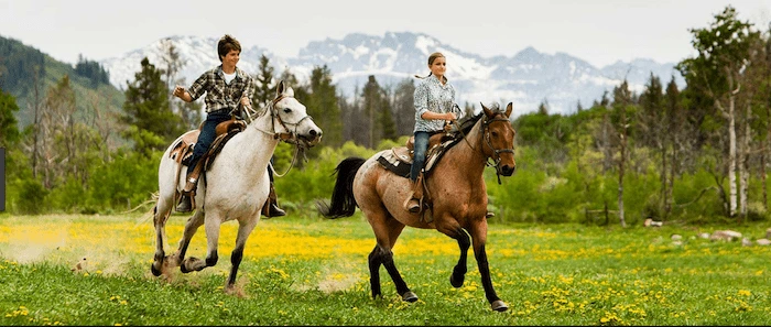 Confident plus-size woman riding Rhyl a horse through a field with a smile on her face.